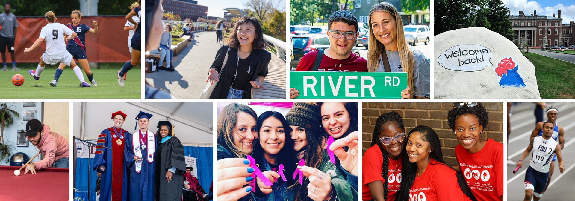 A collage of photos showing student life at FDU.